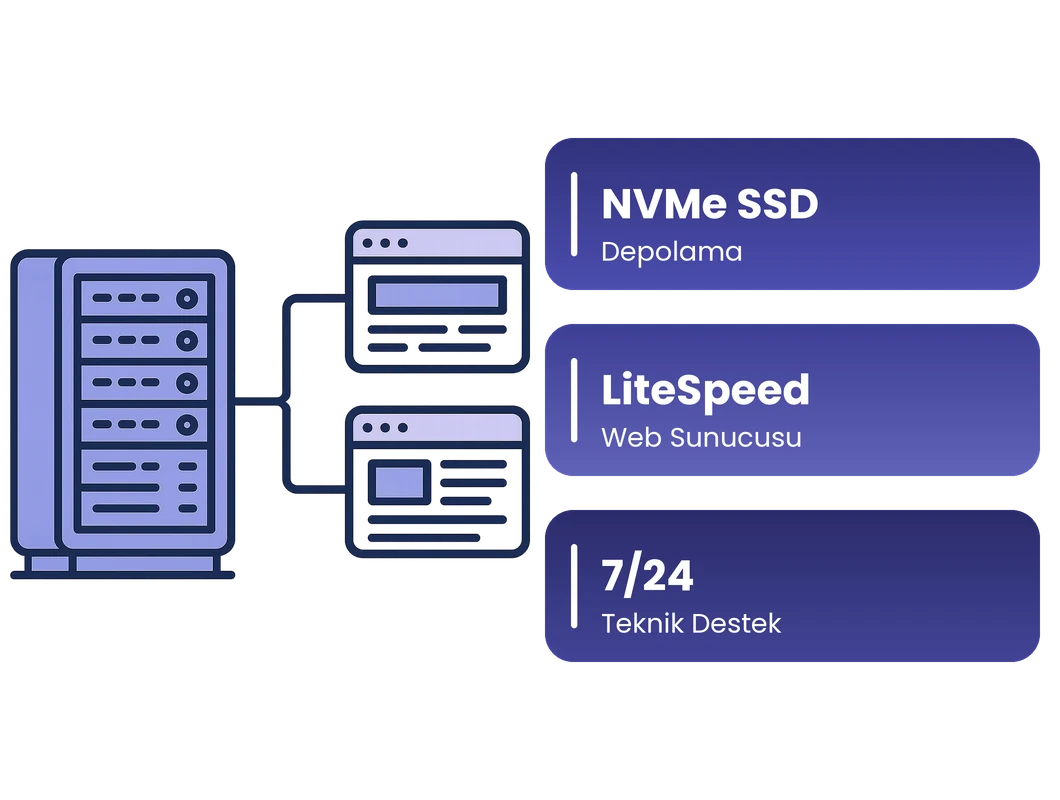 Hosting altyapısı - NVMe SSD depolama, LiteSpeed web sunucusu ve 7/24 teknik destek